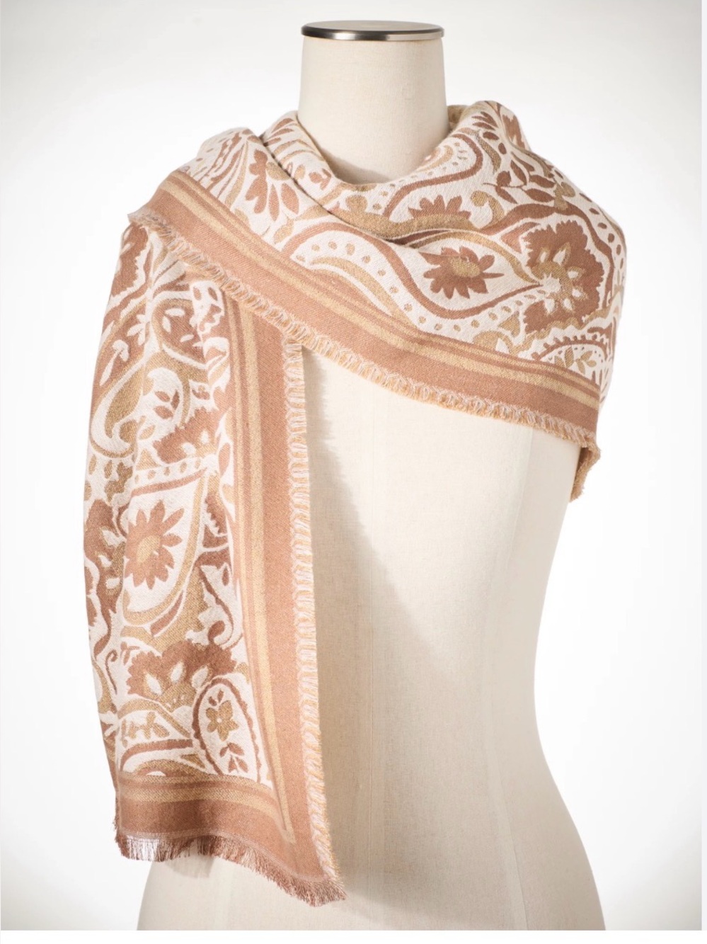 Talbots Prancing Paisley Floral Fringe Oblong Scarf in Cream and Tan